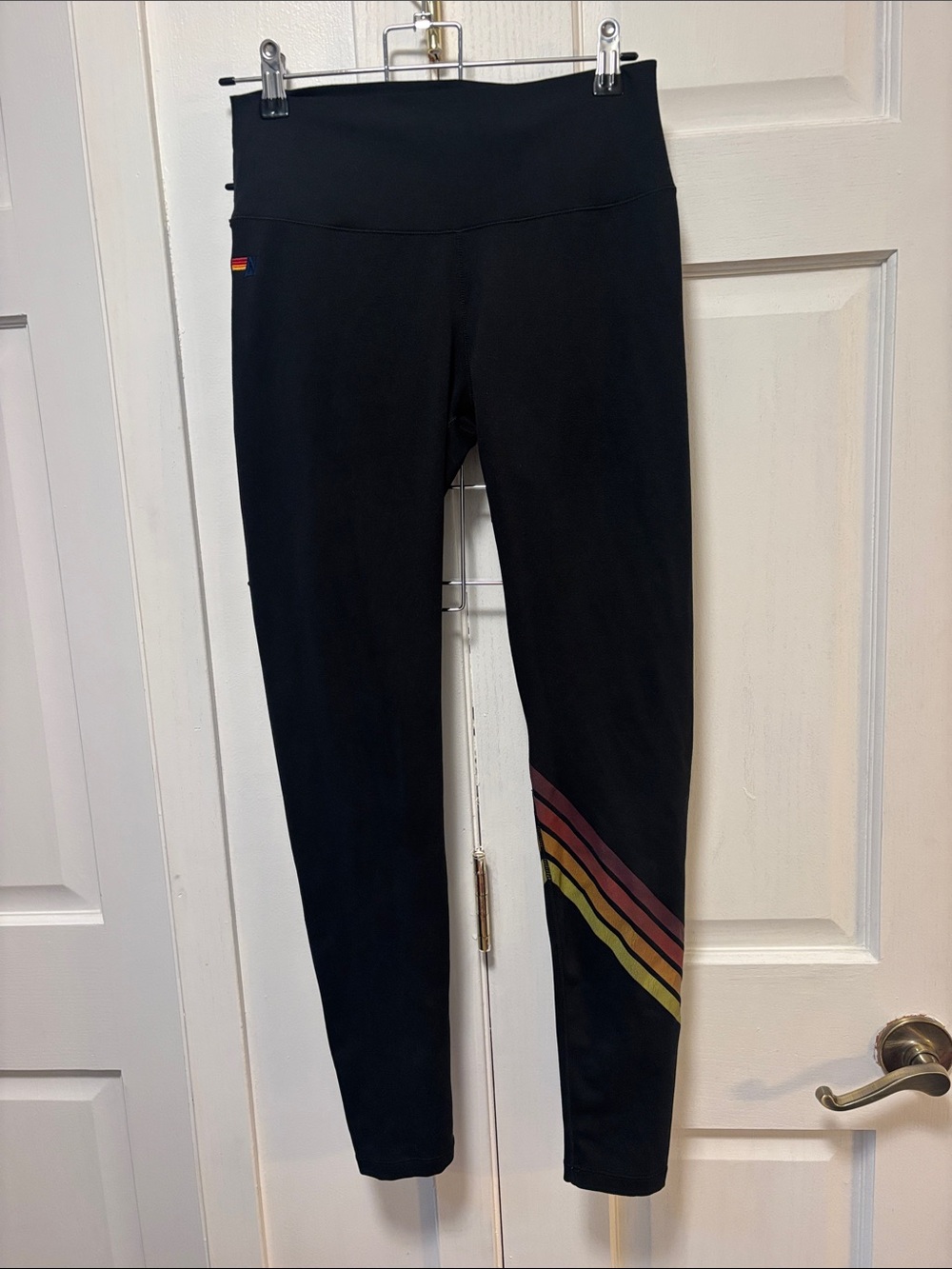 Aviator Nation Black Leggings with Rainbow Stripe Detail